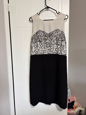 LOFT Black and White Lace-Detail Midi Shift Dress